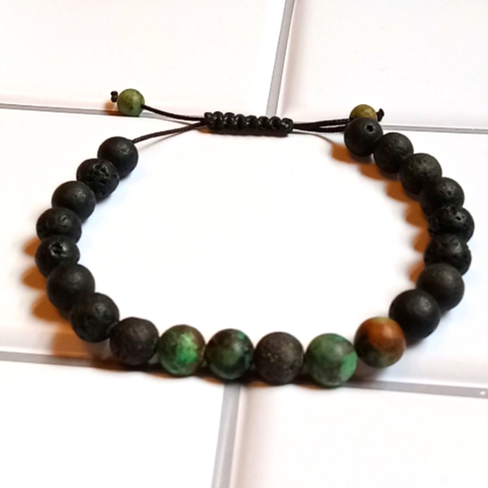 Natural Stone and Lava Beaded Adjustable Macrame Unisex Bracelet